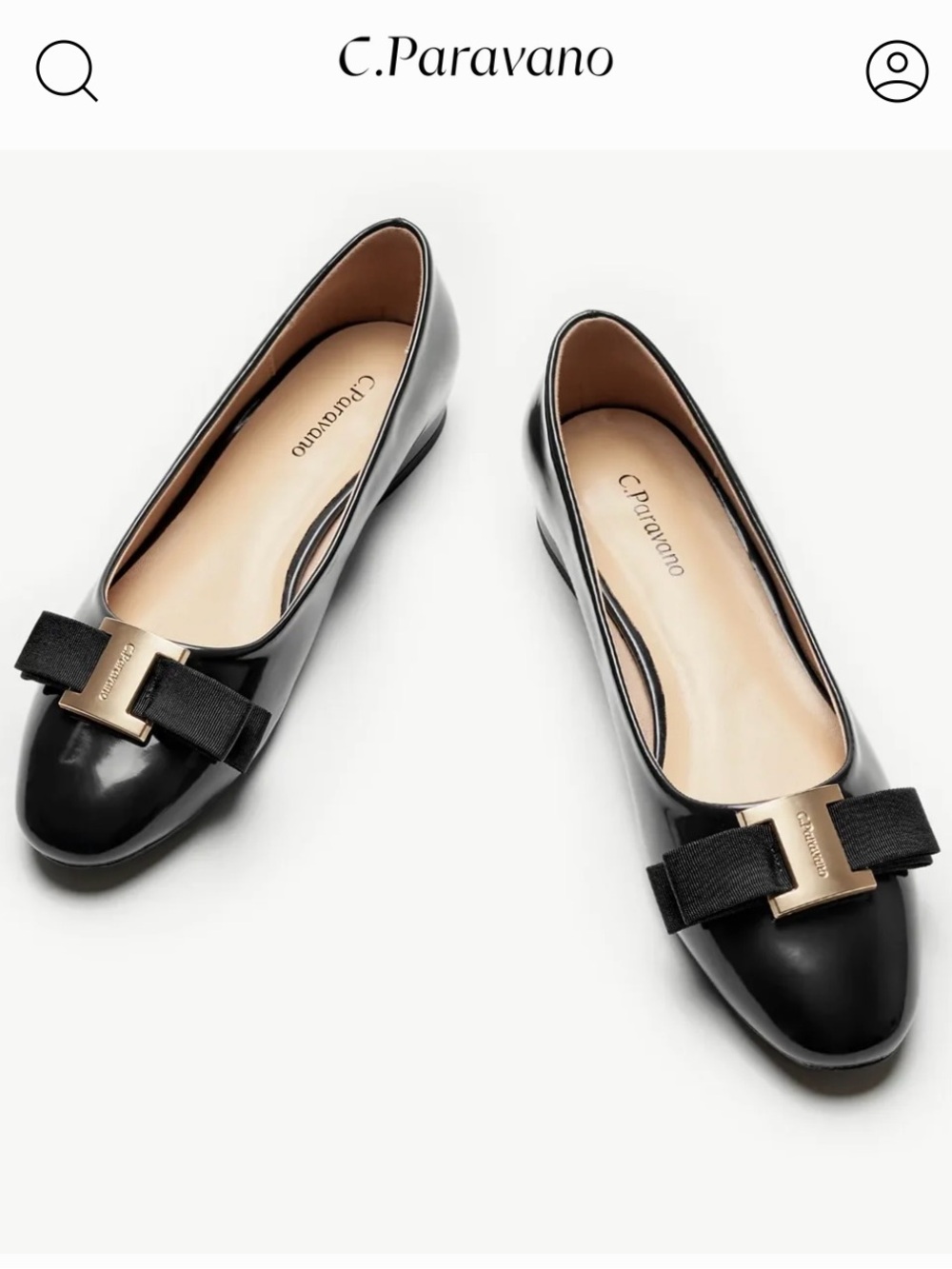 C. Paravano Black Patent Bow Ballet Flats with Gold Accent